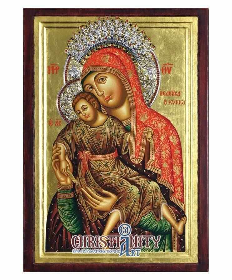 Virgin Mary Theotokos Elousa - Engraved wooden image with silver halo - Mount Athos