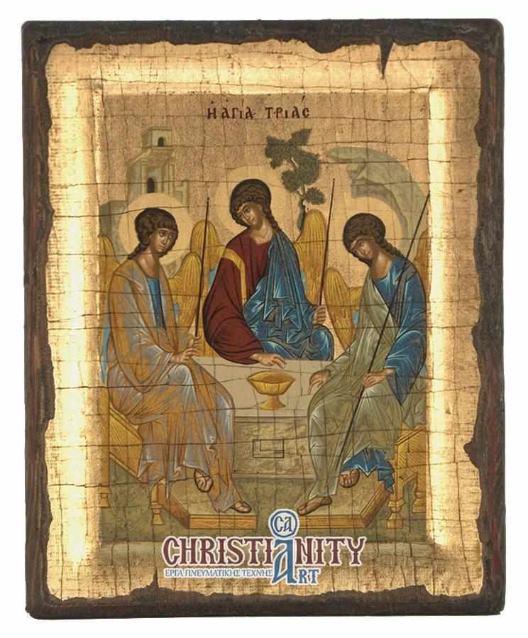 The Holy Trinity - Engraved wooden aged image on canvas with golden background - Mount Athos