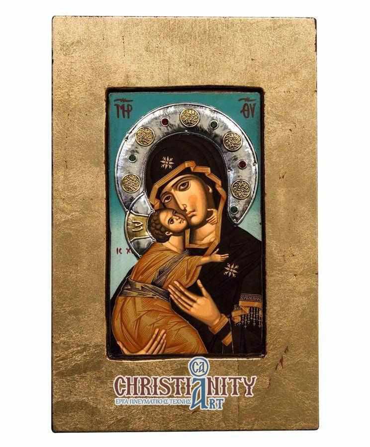 Virgin Mary Vladimir - Old wooden image with silver halo locally gold plated - Mount Athos — additional product image 2 from Christianity Art