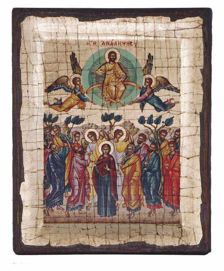 The Ascension - Engraved wooden aged image on canvas with golden background - Mount Athos — additional product image 5 from Christianity Art