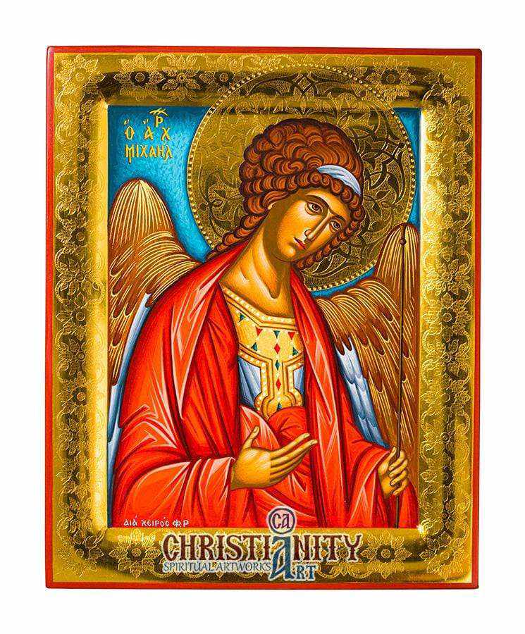 Archangel Michael - Stylvot 100% handmade image on canvas with gold background 24 carats on specially processed wood - Mount Athos