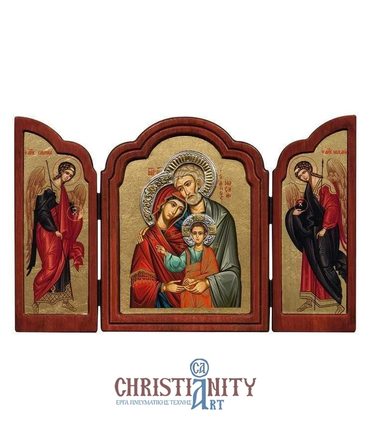 The Holy Family - Antique wooden triptych icon with silver halo locally gilded - Mount Athos