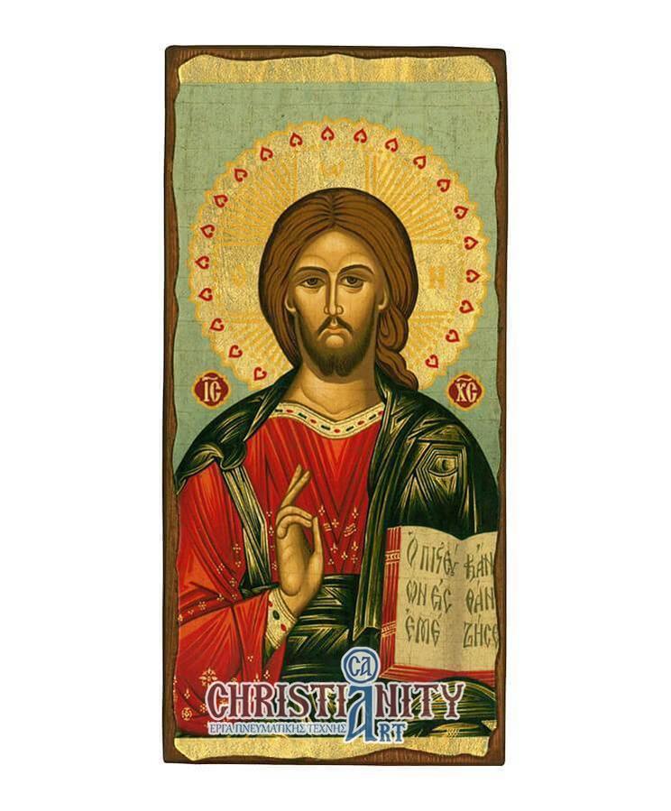 Jesus Christ Kazan - Wooden aged image on canvas with golden background - Mount Athos