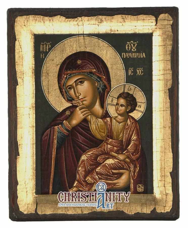 Virgin Mary Paramythia - Engraved wooden aged image on canvas with golden background - Mount Athos