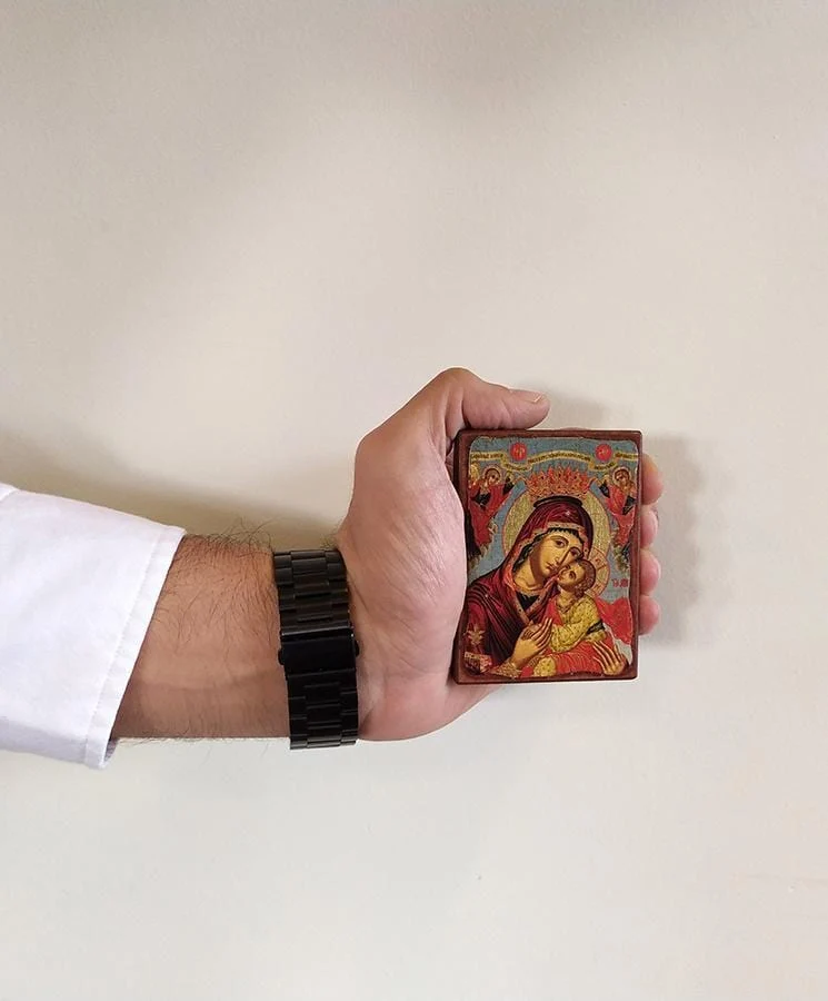 Virgin Mary Glykissousa - Wooden aged image on canvas with golden background - Mount Athos — additional product image 4 from Christianity Art