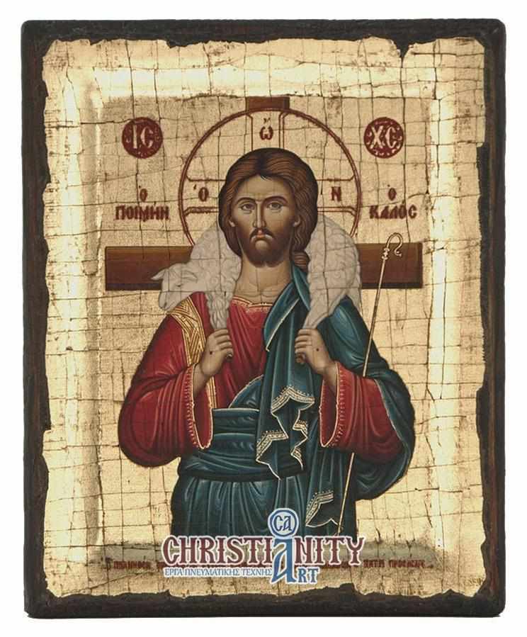 Christ Good Shepherd - Discovered wooden aged image on canvas with golden background - Mount Athos