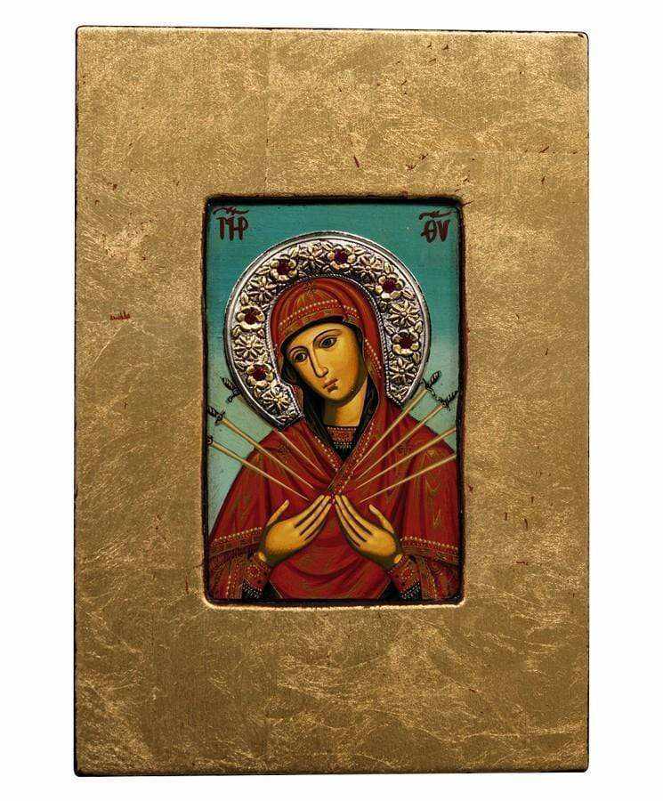 Virgin Mary with 7 Swords - Old wooden image with silver halo locally gold plated - Mount Athos — additional product image 5 from Christianity Art