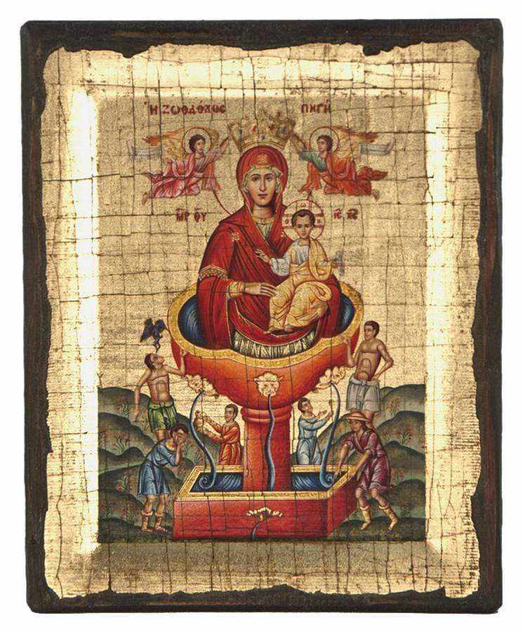 Virgin Mary Zoodochos Pigi - Engraved wooden aged image on canvas with golden background - Mount Athos — additional product image 5 from Christianity Art