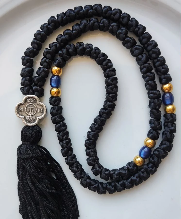 Athonite Waxed Prayer Rope with 100 Knots, Double-Sided Metal Cross & Tassel – Black or Red — additional product image 4 from Christianity Art