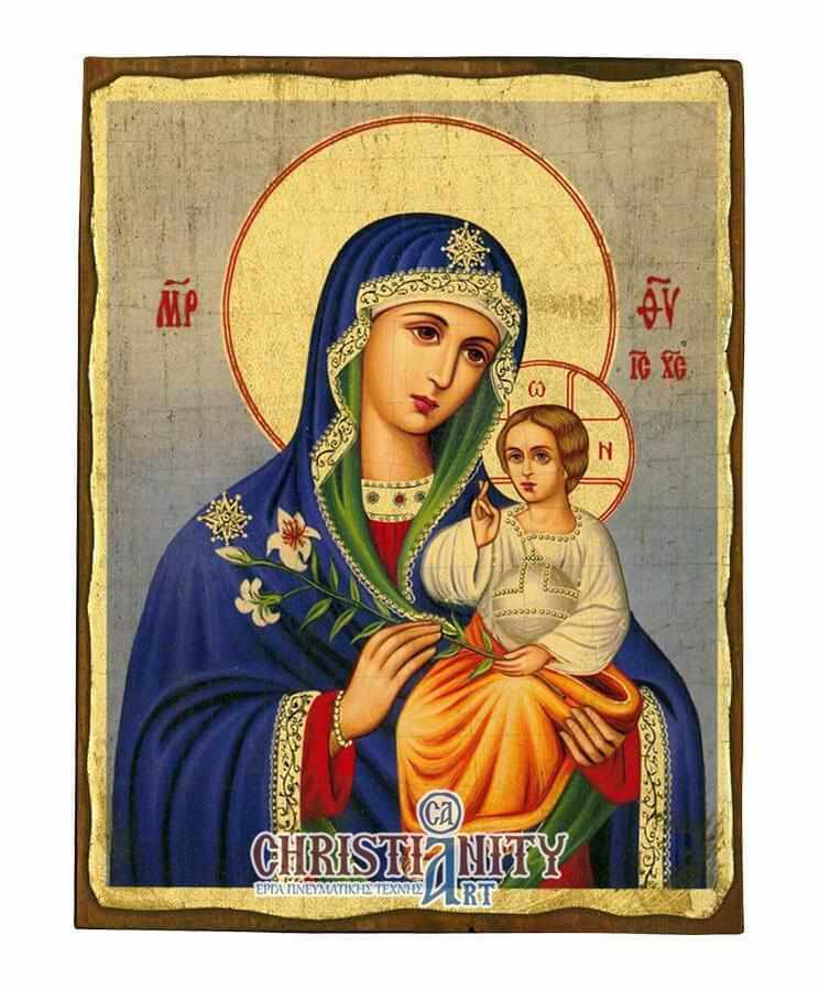 Our Lady of Lilies - Wooden aged image on canvas with golden background - Mount Athos