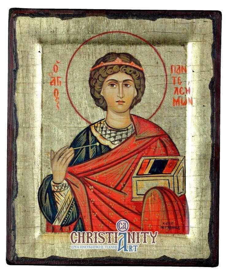 Saint Panteleimons - Handmade icon of hagiography on aged wood - Mount Athos