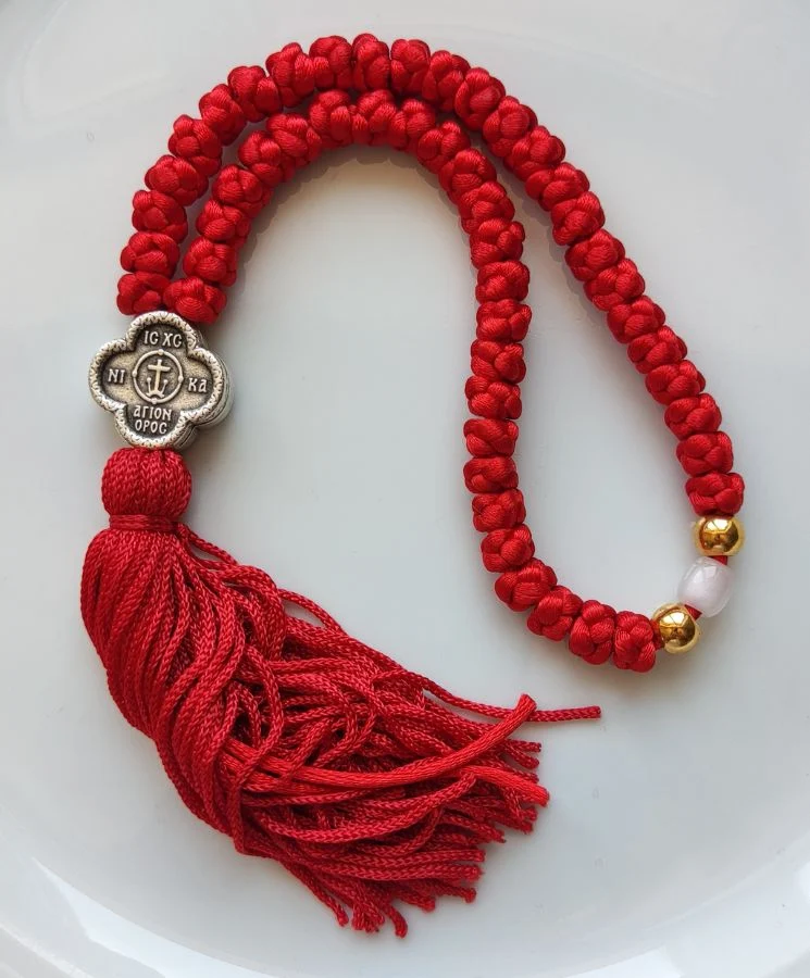 Athonite Waxed Prayer Rope with 50 Knots, Double-Sided Metal Cross & Tassel – Red