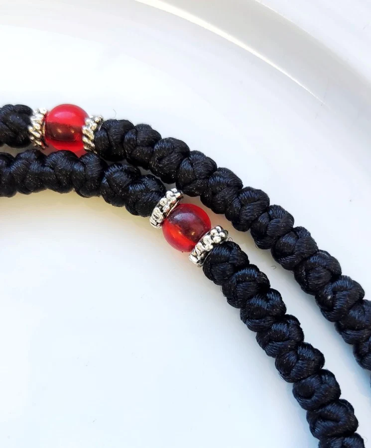 Athonite Waxed Prayer Rope with 100 Knots and Metal Cross – Black with Red Beads — additional product image 2 from Christianity Art