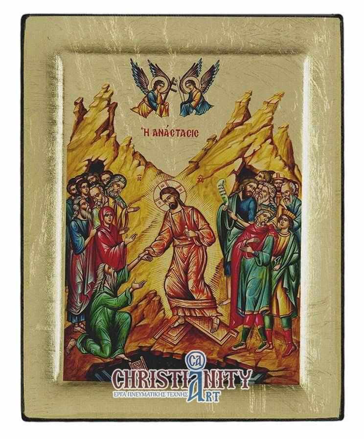 The Resurrection of Christ - Engraved wooden image on canvas with golden background - Mount Athos