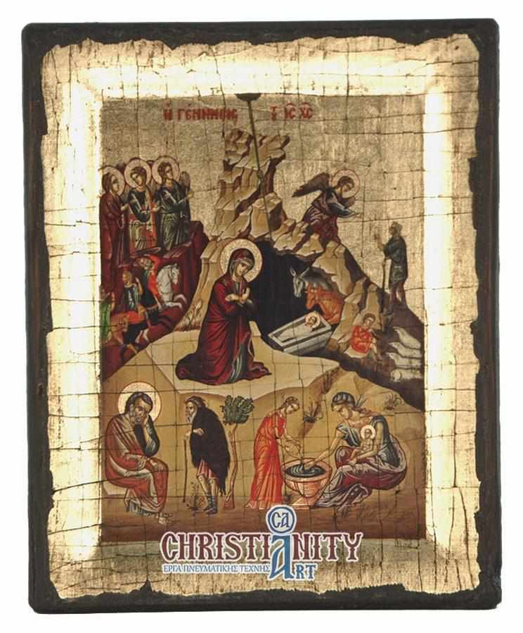 The Birth of Christ - Engraved wooden aged image on canvas with golden background - Mount Athos