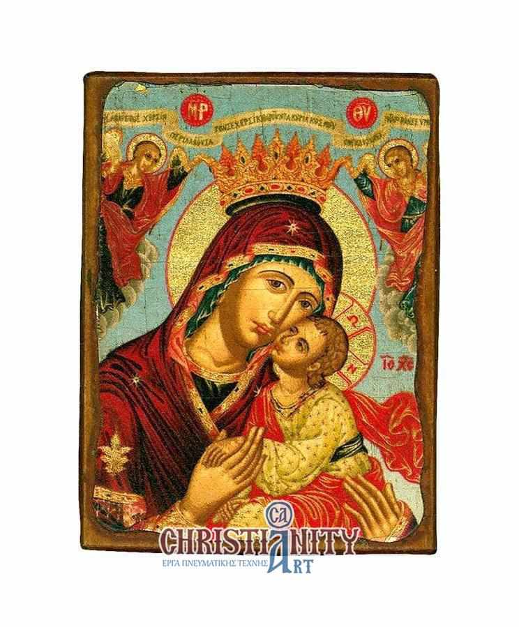 Virgin Mary Glykissousa - Wooden aged image on canvas with golden background - Mount Athos