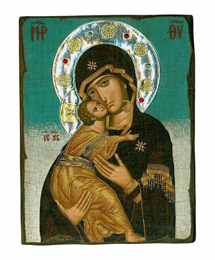 Virgin Mary Vladimir - Old wooden image with silver halo locally gold plated - Mount Athos — additional product image 5 from Christianity Art