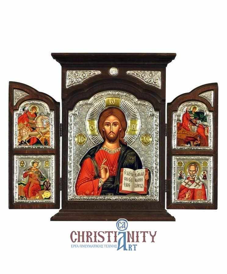 Jesus Christ Kazan - Silver icon triptych in wood, locally gilded - Mount Athos
