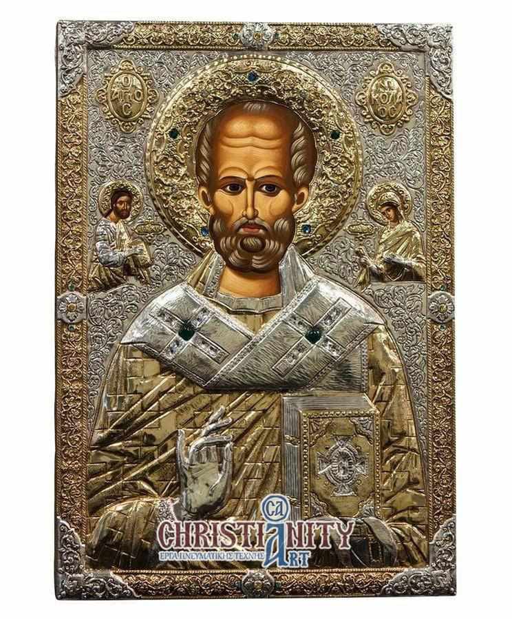 Saint Nikolaos - Silver image in wood, locally gold plated - Mount Athos — additional product image 3 from Christianity Art