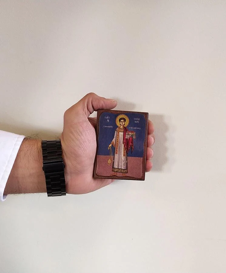 Saint Stefanos - Wooden aged image on canvas with golden background - Mount Athos — additional product image 4 from Christianity Art