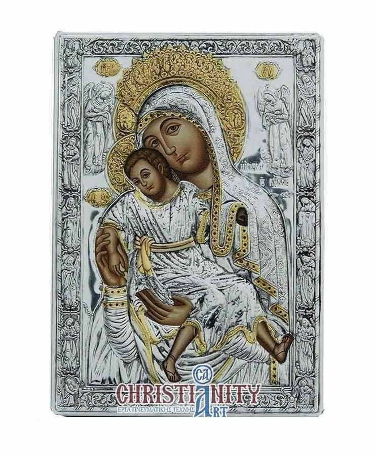 Virgin Mary Theotokos Elousa - Silver image on wood, locally gilded - Mount Athos