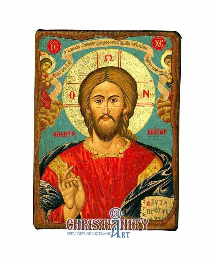 Christ Almighty - Wooden aged image on canvas with golden background - Mount Athos