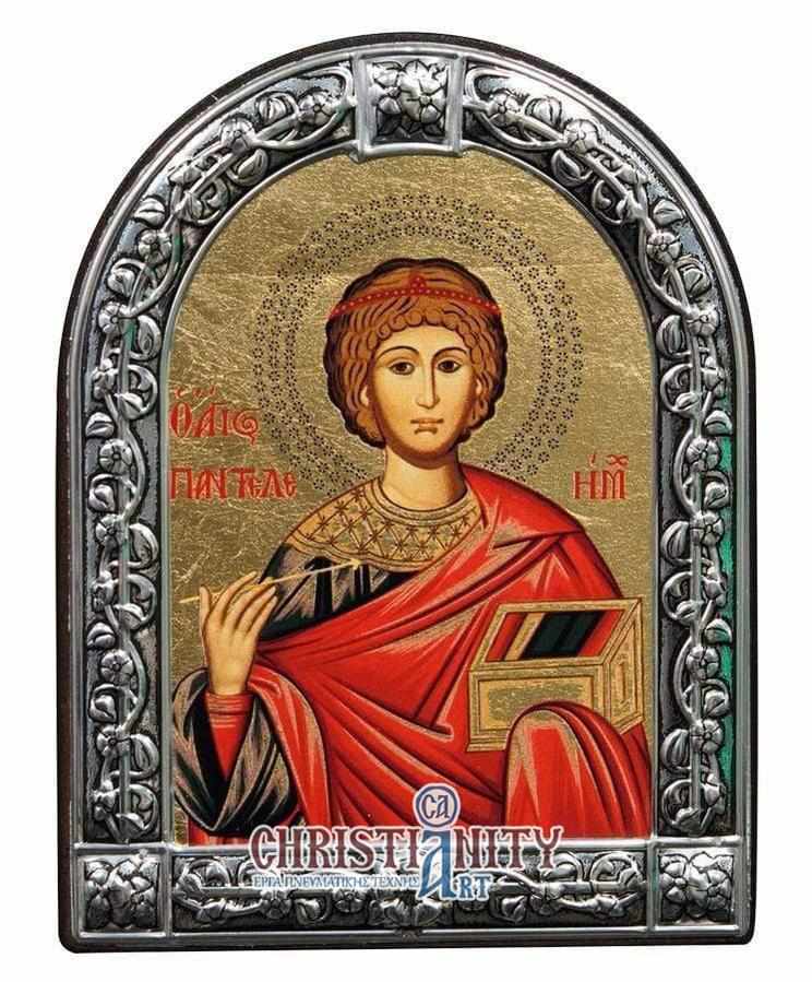 Saint Panteleimons - Image in wood with indelible metal frame - Mount Athos