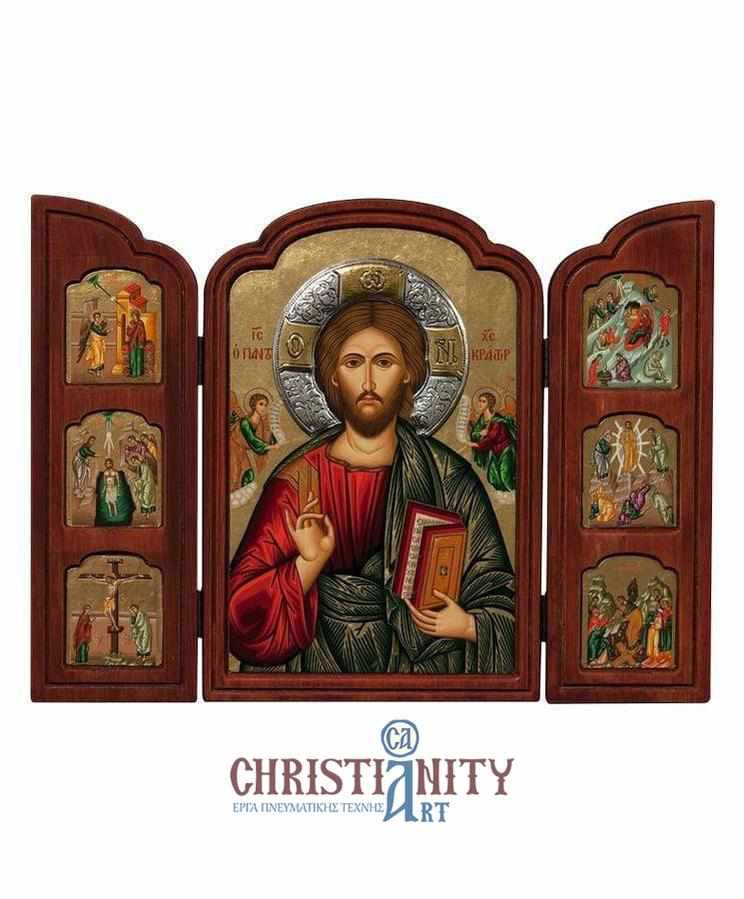 Christ Pantokrator - Old wooden icon triptych with silver halo locally gilded - Mount Athos