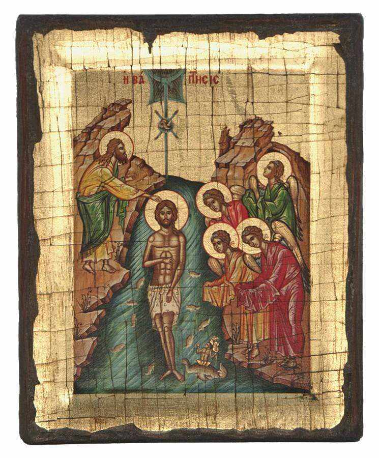 Vaptissis - Engraved wooden aged image on canvas with golden background - Mount Athos — additional product image 5 from Christianity Art