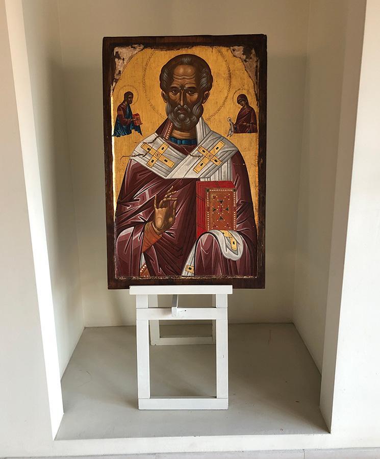 Saint Nikolaos - 100% handmade wooden image on canvas with golden background - Mount Athos — additional product image 5 from Christianity Art