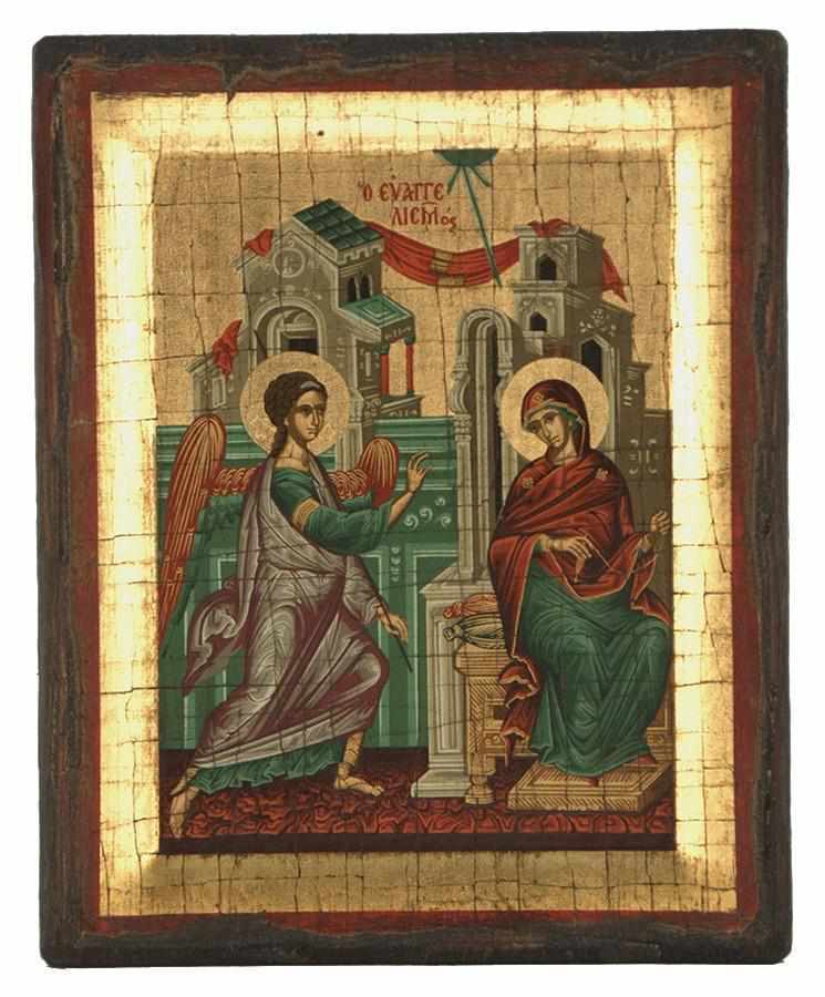 The Annunciation of the Virgin - Engraved wooden aged image on canvas with golden background - Mount Athos — additional product image 5 from Christianity Art