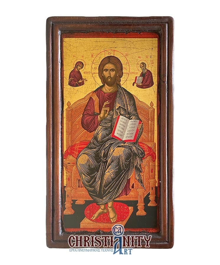 Jesus Christ Enthronus - Engraved wooden image on canvas with golden background - Mount Athos