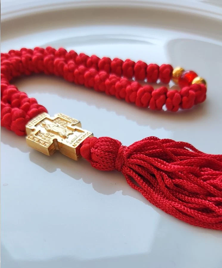 Athonite Waxed Prayer Rope with 50 Knots, Embossed Metal Cross & Tassel – Red — additional product image 5 from Christianity Art