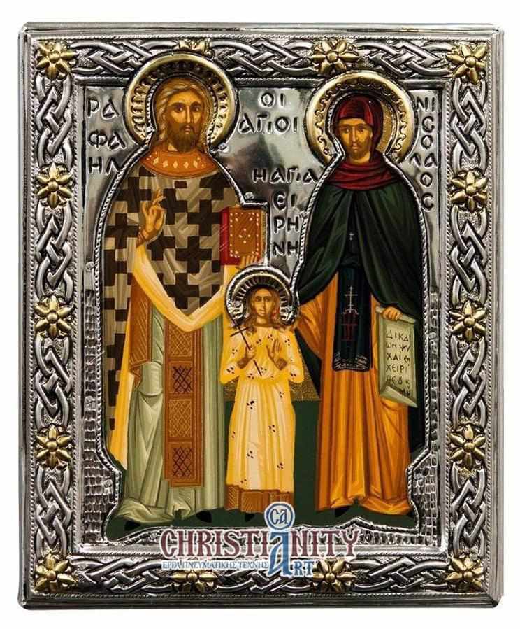 Saints Raphael Nicholas and Irene - Silver icon on wood, locally gilded - Mount Athos