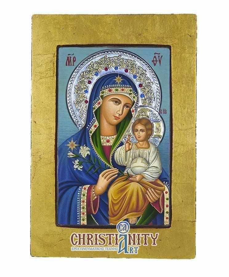 Virgin Mary of Lilies - Old wooden image with silver halo locally gold plated - Mount Athos — additional product image 4 from Christianity Art