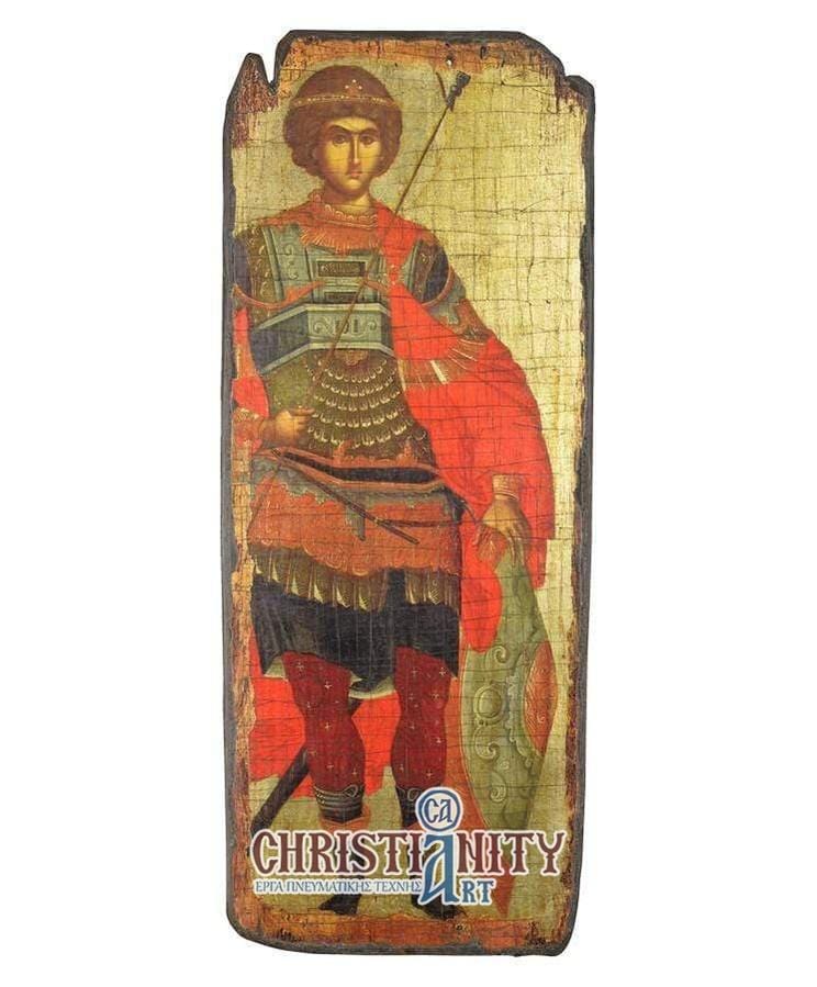 Saint George - Aged wooden image on canvas with gold background - Mount Athos