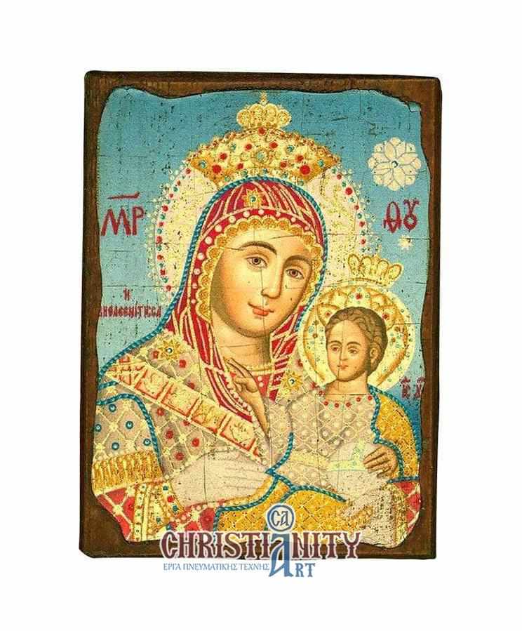 Virgin Mary Bethlehem - Wooden aged image on canvas with golden background - Mount Athos