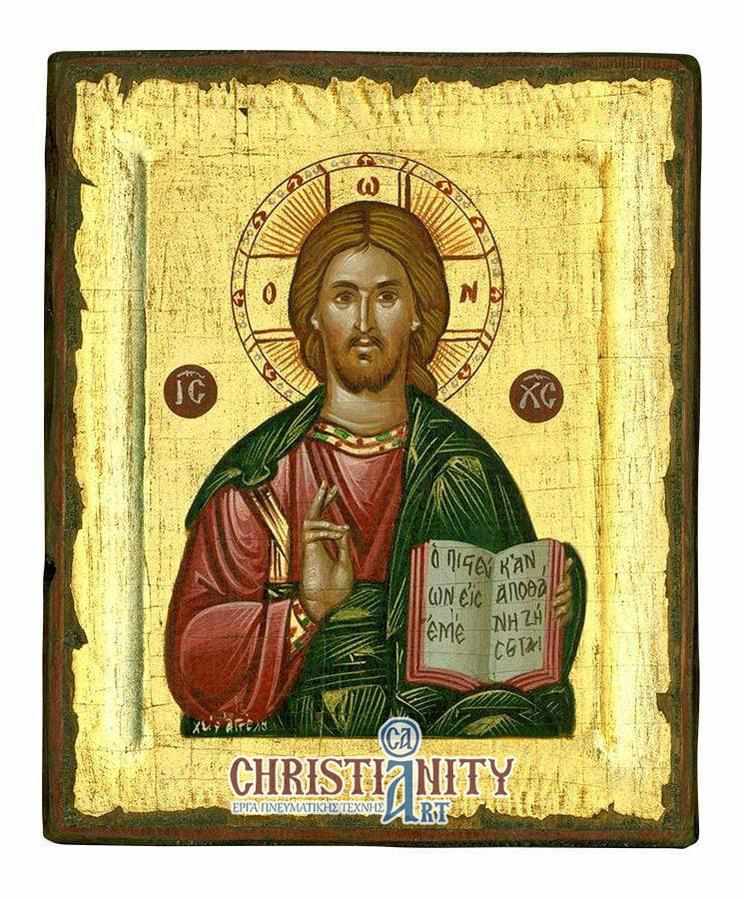 Christ Pantokrator - Handmade icon of hagiography on aged wood - Mount Athos