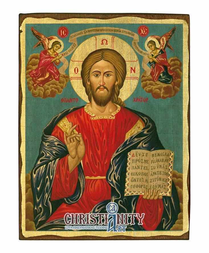 Christ Almighty - Wooden aged image on canvas with golden background - Mount Athos