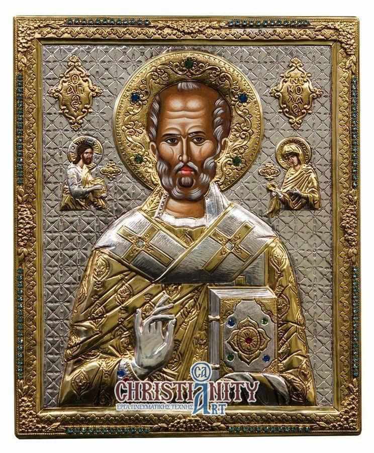 Saint Nikolaos - Silver image in wood, locally gold plated - Mount Athos — additional product image 2 from Christianity Art