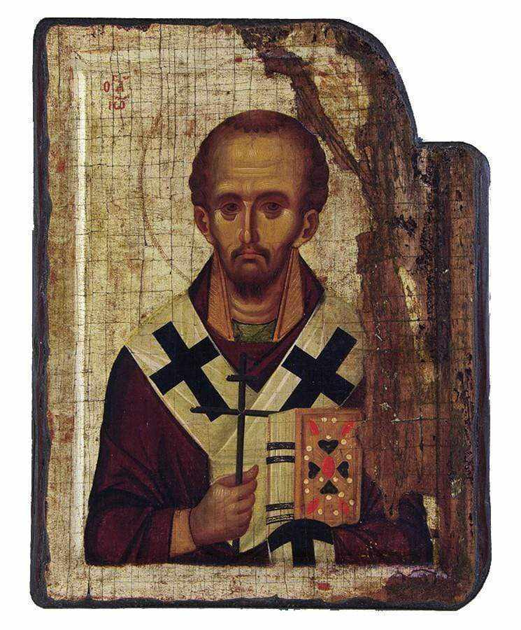 Saint John the Chrysostom - Excavated wooden aged image on canvas with gold background - Mount Athos — additional product image 4 from Christianity Art