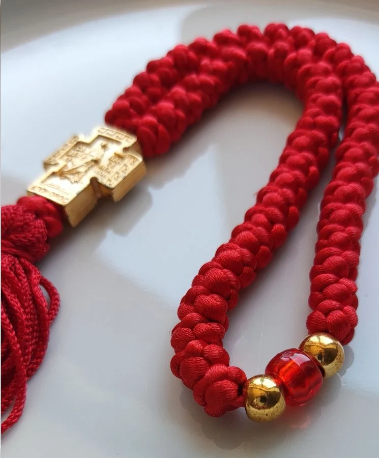 Athonite Waxed Prayer Rope with 50 Knots, Embossed Metal Cross & Tassel – Red — additional product image 2 from Christianity Art