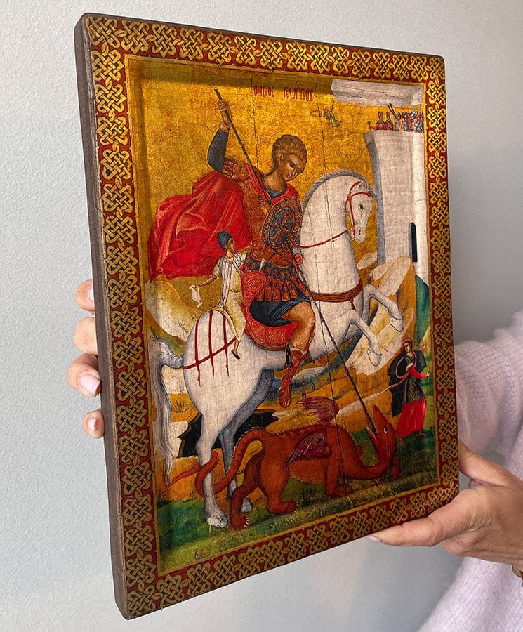 Saint George - Excavated wooden aged image on canvas with gold background - Mount Athos — additional product image 3 from Christianity Art