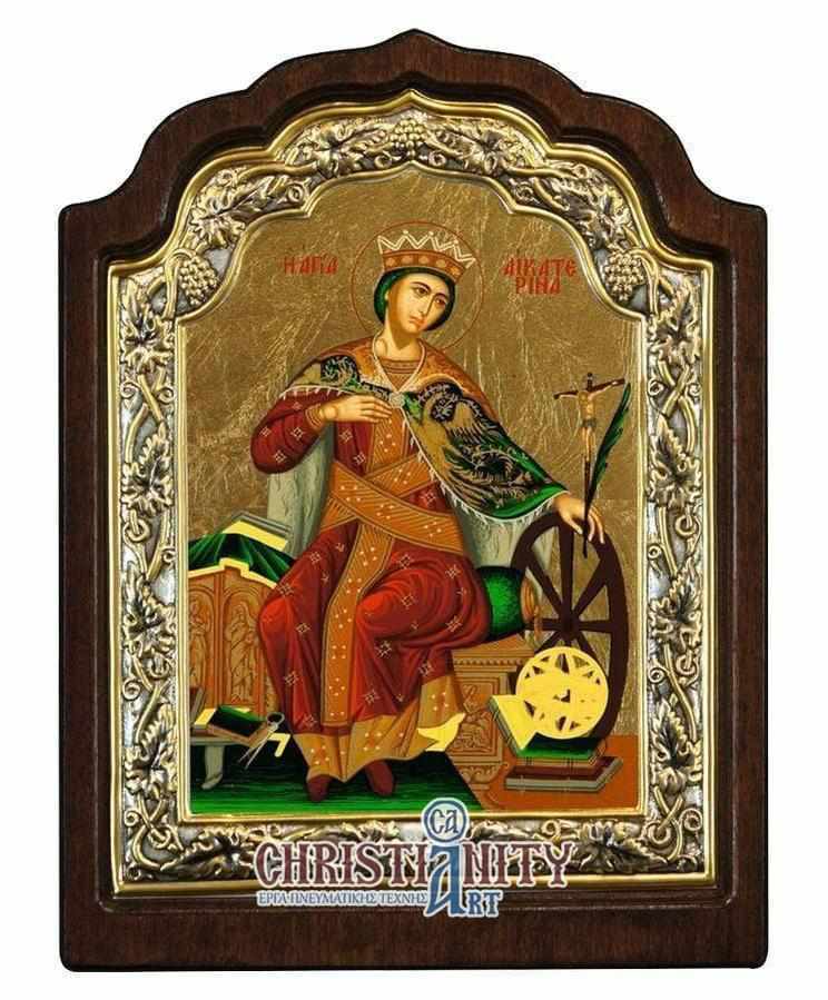 Saint Catherine - Silver icon on wood, locally gilded - Mount Athos