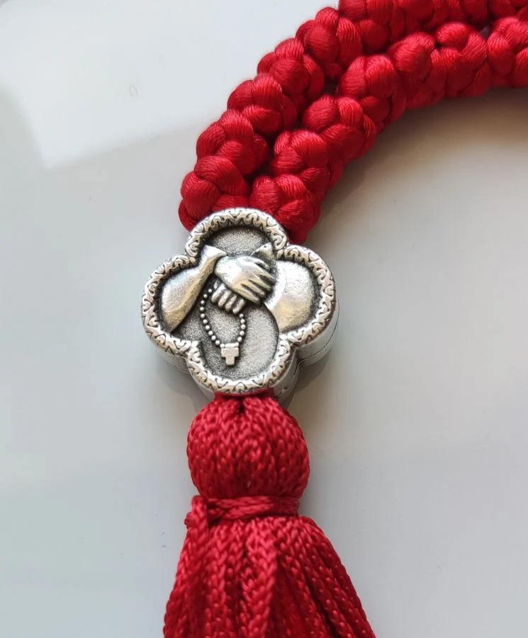 Athonite Waxed Prayer Rope with 50 Knots, Double-Sided Metal Cross & Tassel – Red — additional product image 2 from Christianity Art