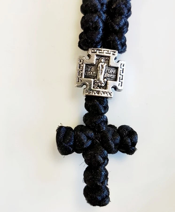 Athonite Waxed Prayer Rope with 100 Knots and Metal Cross – Black with Red Beads — additional product image 3 from Christianity Art