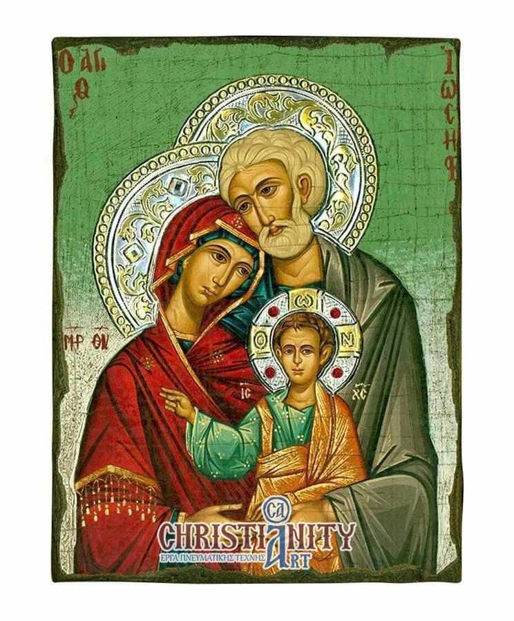 The Holy Family - Antique wooden icon with silver halo locally gilded - Mount Athos
