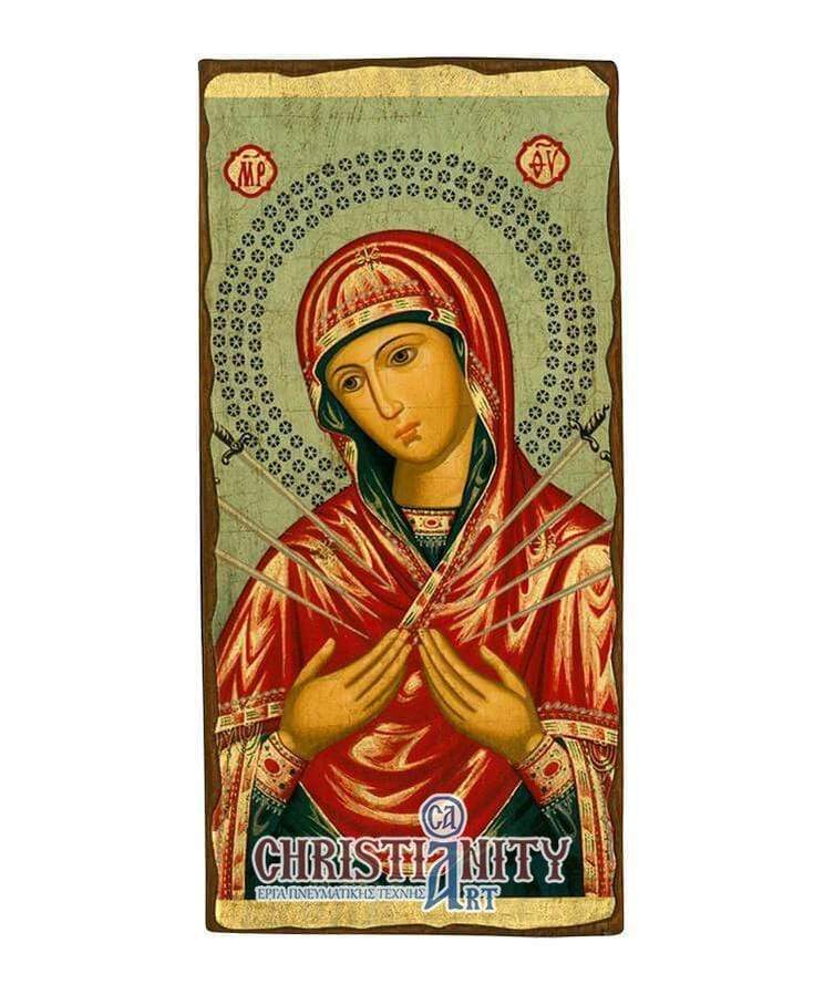 Virgin Mary with 7 Swords - Wooden aged image on canvas with golden background - Mount Athos