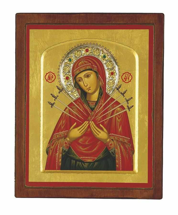 Virgin Mary with 7 Swords - Engraved wooden image with silver halo - Mount Athos — additional product image 4 from Christianity Art