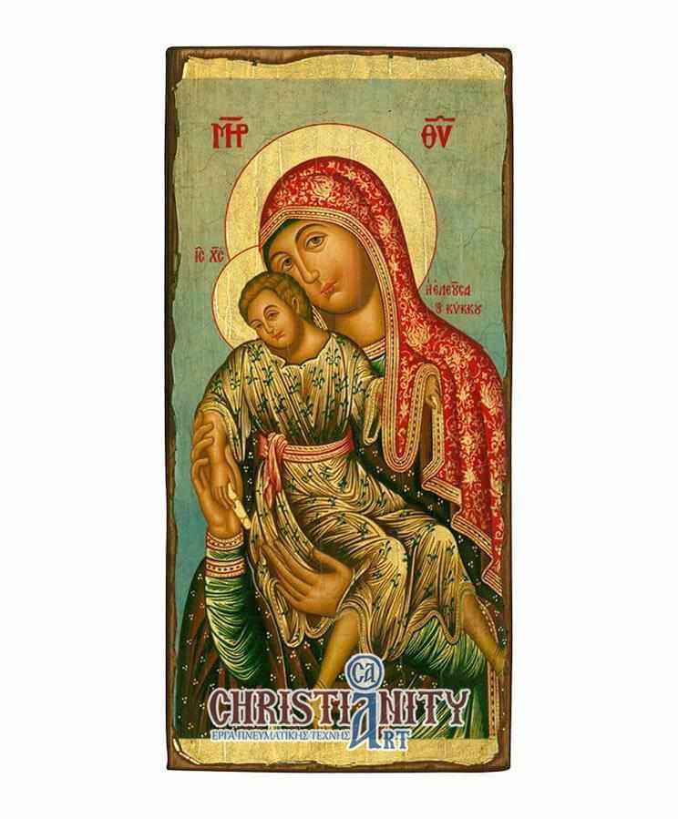 Virgin Mary Theotokos Elousa - Wooden aged image on canvas with golden background - Mount Athos